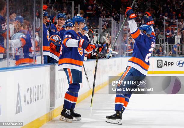 Scott Mayfield of the New York Islanders celebrates his goal at 12:55 of the second period against the Anaheim Ducks at the UBS Arena on October 15,...