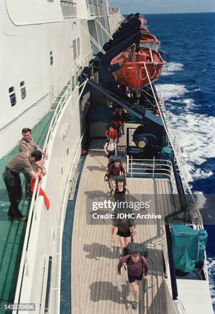 Military exercises on board the Cunard liner 'RMS Queen Elizabeth 2', which has been requisitioned as a British troopship during the Falklands War,...