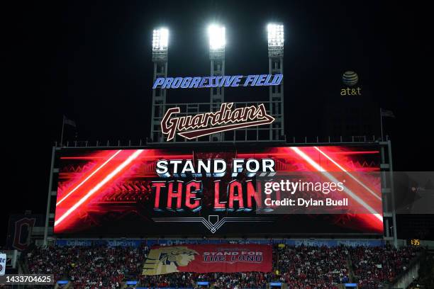 General view of fans during the first inning in the game between the New York Yankees and the Cleveland Guardians in game three of the American...