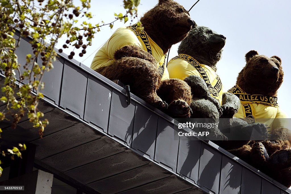 Giant teddy bears wearing scarves of the