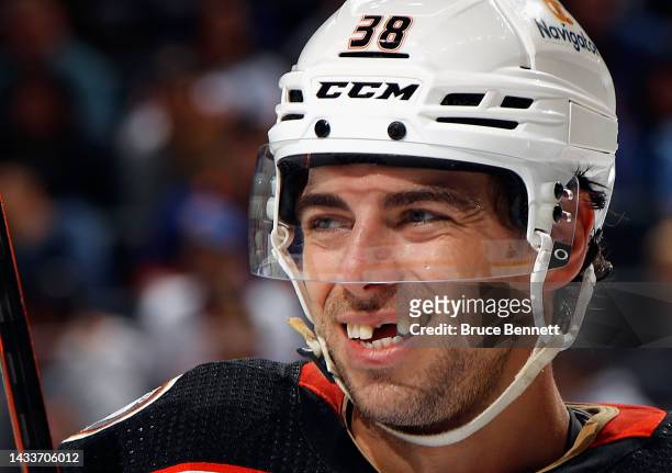 Derek Grant of the Anaheim Ducks waits for a second period faceoff against the New York Islanders at the UBS Arena on October 15, 2022 in Elmont, New...