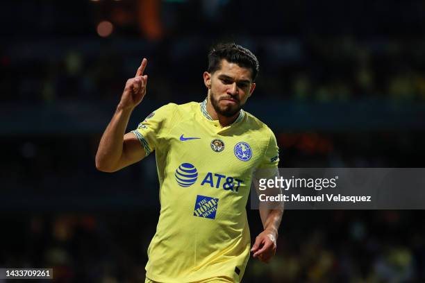 Henry Martín of America celebrates after scoring his team's second goal during the quarterfinals second leg match between America and Puebla as part...
