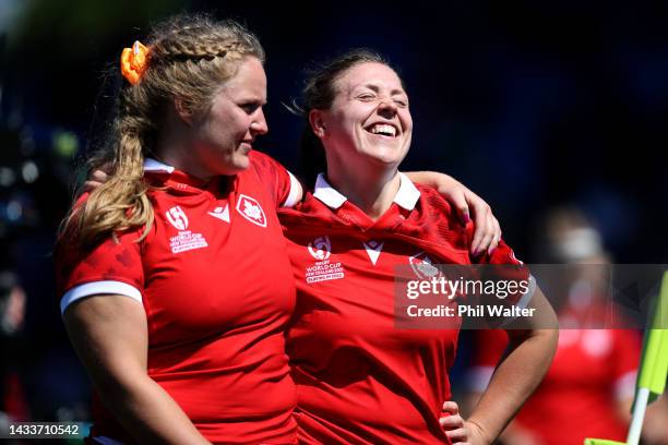 Olivia DeMerchant and DaLeaka Menin of Canada during the Pool B Rugby World Cup 2021 match between Italy and Canada at Waitakere Stadium on October...