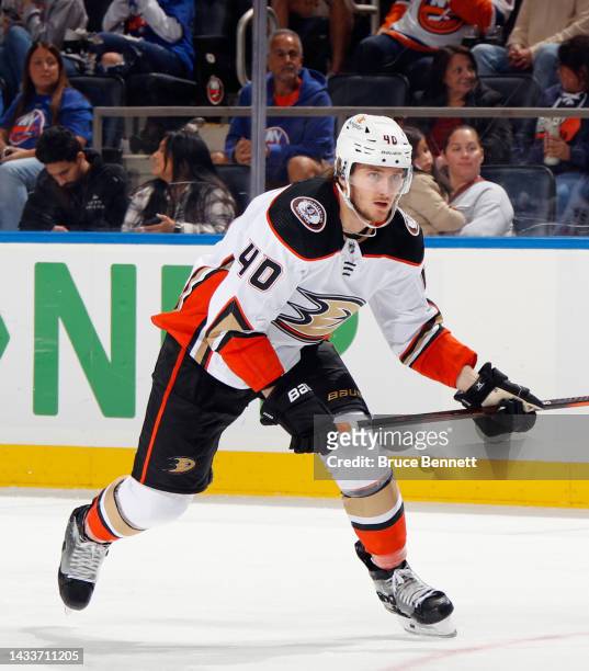 Pavol Regenda of the Anaheim Ducks skates against the New York Islanders during the third period at the UBS Arena on October 15, 2022 in Elmont, New...