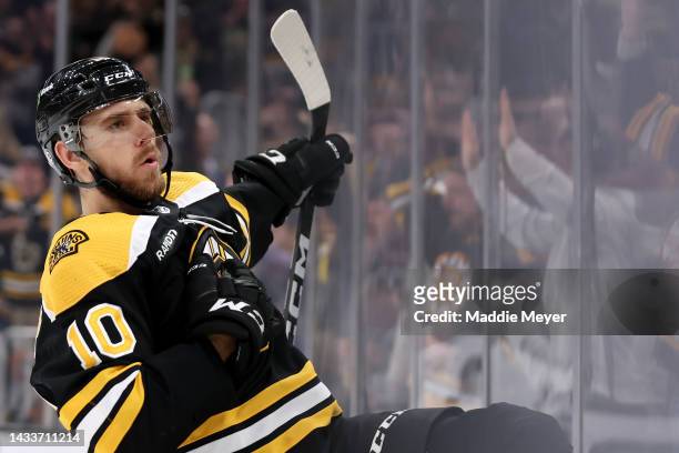 Greer of the Boston Bruins celebrates after scoring a goal against the Arizona Coyotes during the third period at TD Garden on October 15, 2022 in...
