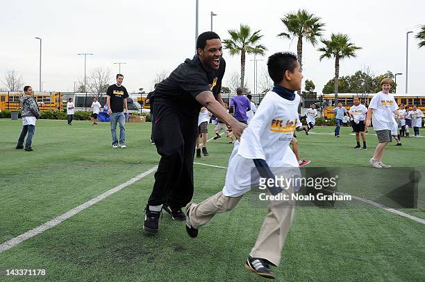 Devin Ebanks of the Los Angeles Lakers participates in the activities as the Los Angeles Lakers and Anthem Blue Cross, as part of “Fit for Life with...