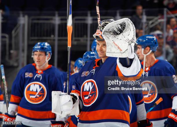 Ilya Sorokin of the New York Islanders celebrates a 7-1 victory over the Anaheim Ducks at the UBS Arena on October 15, 2022 in Elmont, New York.