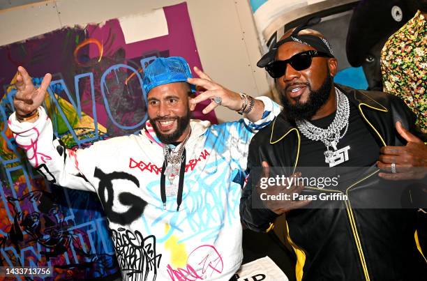 Drama and Jeezy are seen backstage during the Jeezy x DJ Drama presents Gangsta Grillz Mixtape '"SnoFall" B-Sides concert at Future Gallery the...