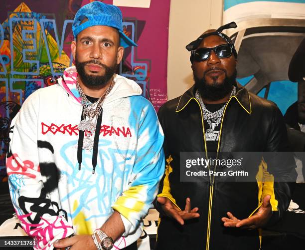 Drama and Jeezy are seen backstage during the Jeezy x DJ Drama presents Gangsta Grillz Mixtape '"SnoFall" B-Sides concert at Future Gallery the...