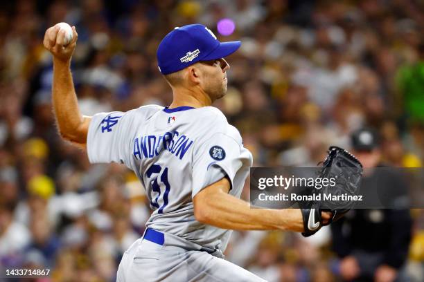 Tyler Anderson of the Los Angeles Dodgers pitches during the first inning against the San Diego Padres in game four of the National League Division...