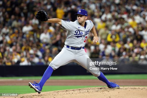 Tyler Anderson of the Los Angeles Dodgers pitches during the first inning against the San Diego Padres in game four of the National League Division...