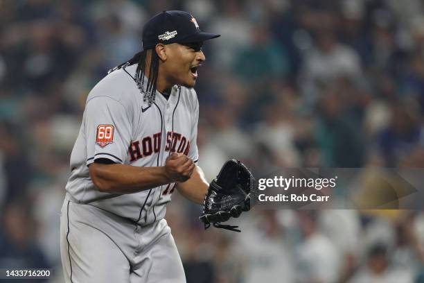 Luis Garcia of the Houston Astros reacts to defeating the Seattle Mariners 1-0 in game three of the American League Division Series at T-Mobile Park...