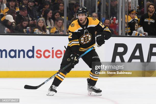 Craig Smith of the Boston Bruins skates against the Arizona Coyotes at the TD Garden on October 15, 2022 in Boston, Massachusetts.