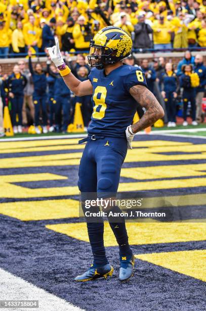 Ronnie Bell of the Michigan Wolverines reacts after scoring a touchdown during the second half of a college football game against the Penn State...