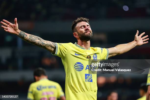 Miguel Layún of America celebrates after scoring his team's fifth goal during the quarterfinals second leg match between America and Puebla as part...