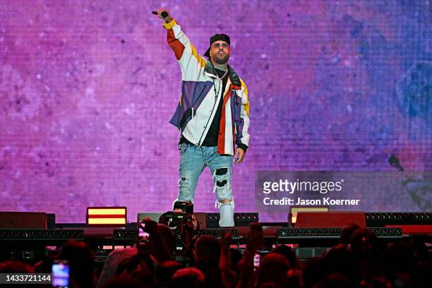 Nicky Jam performs onstage at the iHeartRadio Fiesta Latina '22 show, presented by the JUVÉDERM collection of fillers, at FTX Arena on October 15,...
