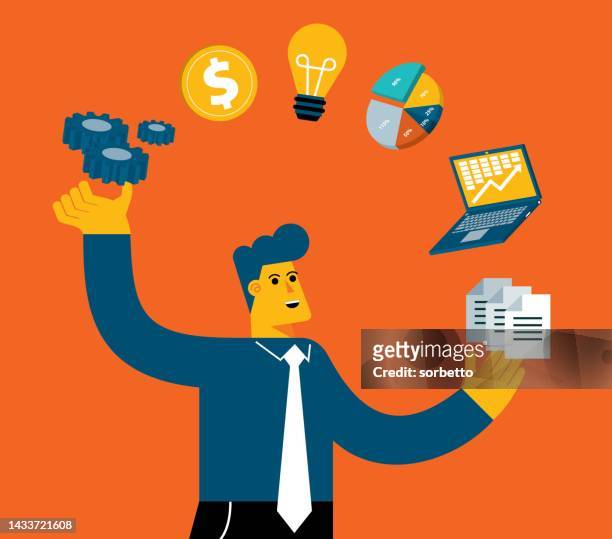infographic juggle - businessman - laptop icon solid stock illustrations