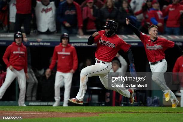 Amed Rosario of the Cleveland Guardians scores the game winning run during the ninth inning against the New York Yankees in game three of the...