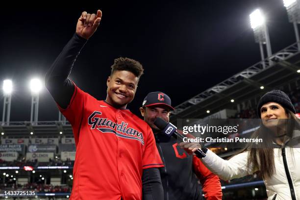 Oscar Gonzalez of the Cleveland Guardians waves to the fans after a win over the New York Yankees in game three of the American League Division...