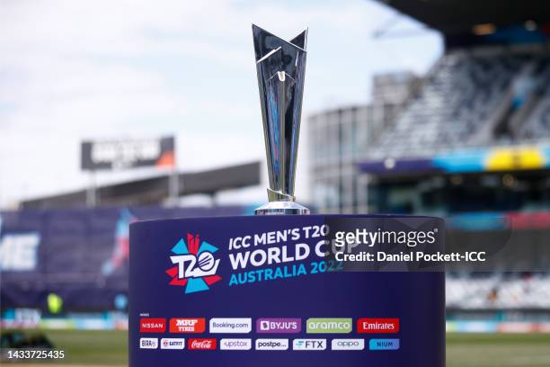 The ICC Men's T20 World Cup trophy is seen during the ICC Men's T20 World Cup match between Sri Lanka and Namibia at GMHBA Stadium on October 16,...