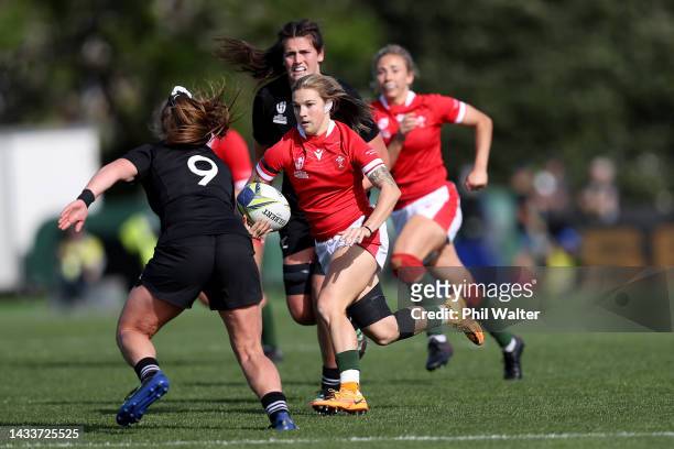Keira Bevan of Wales makes a break during the Pool A Rugby World Cup 2021 match between Wales and New Zealand at Waitakere Stadium on October 16 in...