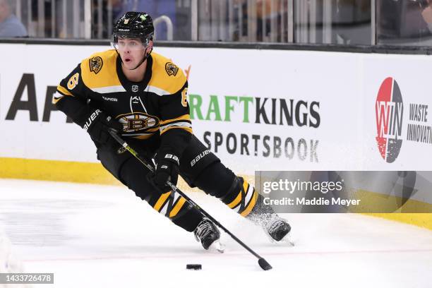 Mike Reilly of the Boston Bruins skates against the Arizona Coyotes during the second period at TD Garden on October 15, 2022 in Boston,...