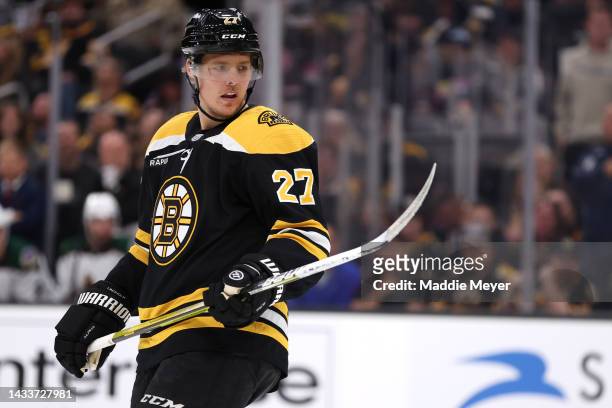 Hampus Lindholm of the Boston Bruins looks on during the first period at TD Garden on October 15, 2022 in Boston, Massachusetts.