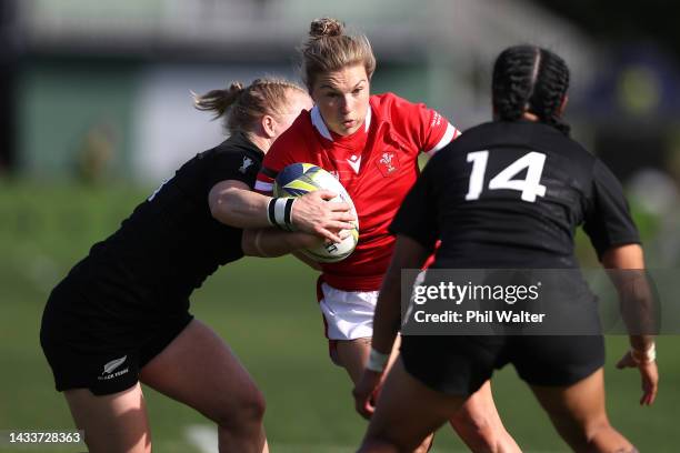 Keira Bevan of Wales is tackled during the Pool A Rugby World Cup 2021 match between Wales and New Zealand at Waitakere Stadium on October 16 in...