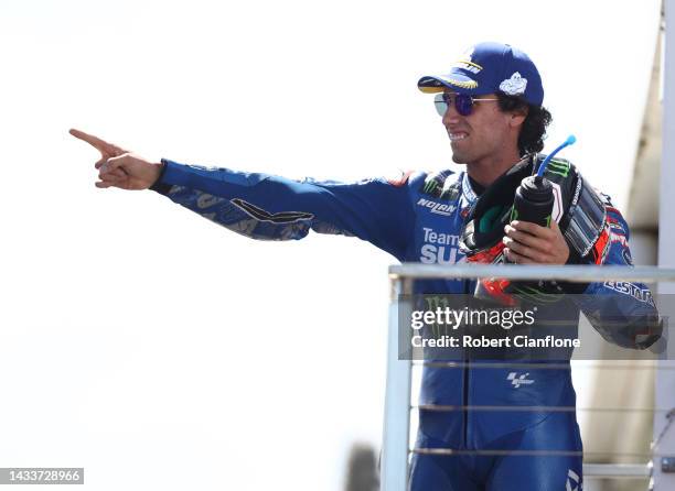 Alex Rins of Spain and Team Suzuki ECSTAR celebrates after winning the MotoGP of Australia at Phillip Island Grand Prix Circuit on October 16, 2022...