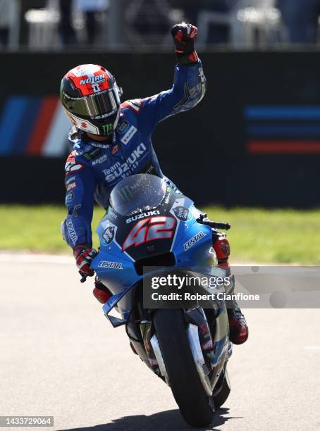 Alex Rins of Spain and Team Suzuki ECSTAR celebrates after winning the MotoGP of Australia at Phillip Island Grand Prix Circuit on October 16, 2022...