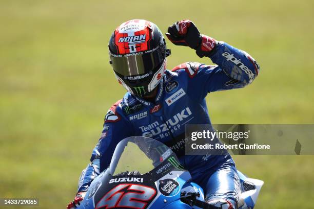 Alex Rins of Spain and Team Suzuki ECSTAR celebrates after winning the MotoGP of Australia at Phillip Island Grand Prix Circuit on October 16, 2022...