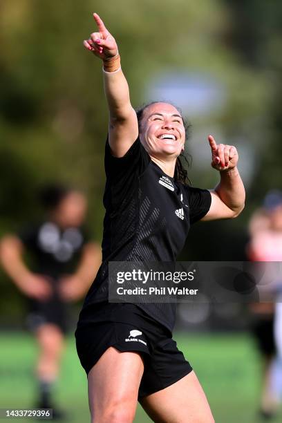 Portia Woodman of New Zealand celebrates following the Pool A Rugby World Cup 2021 match between Wales and New Zealand at Waitakere Stadium on...