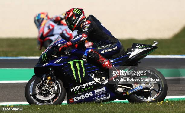 Fabio Quartararo of France ridng the Monster Energy Yamaha MotoGP Yamaha runs wide during the MotoGP of Australia at Phillip Island Grand Prix...