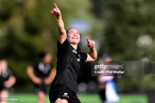 Portia Woodman of New Zealand celebrates following the Pool A Rugby World Cup 2021 match between Wales and New Zealand at Waitakere Stadium on...