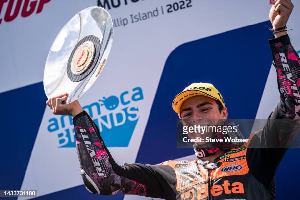 Moto2 rider Alonso López of Spain and Speed Up Racing on the podium after his race win during the race of the MotoGP of Australia at Phillip Island...