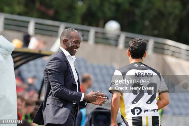 Macarthur Coach Dwight Yorke celebrates the goal of Daniel Arzani of Macarthur FC during the round two A-League Men's match between Macarthur FC and...