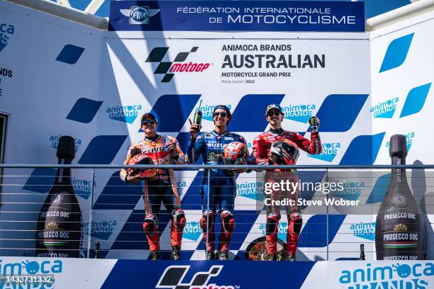 MotoGP podium with Marc Marquez of Spain and Repsol Honda Team , Alex Rins of Spain and Team SUZUKI ECSTAR and Francesco Bagnaia of Italy and Ducati...