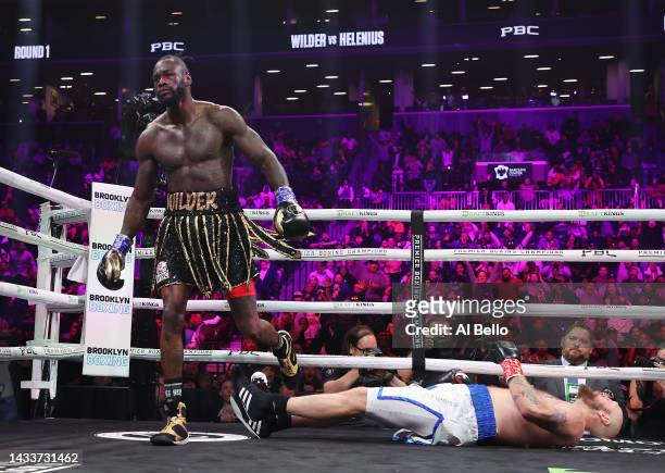 Deontay Wilder knocks out Robert Helenius in the first round during their WBC world heavyweight title eliminator bout at Barclays Center on October...