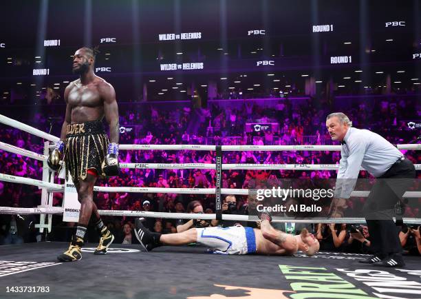 Deontay Wilder knocks out Robert Helenius in the first round during their WBC world heavyweight title eliminator bout at Barclays Center on October...