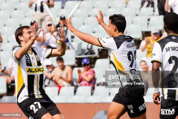 Daniel Arzani of Macarthur FC celebrates with tam mates after scoring a goal during the round two A-League Men's match between Macarthur FC and...