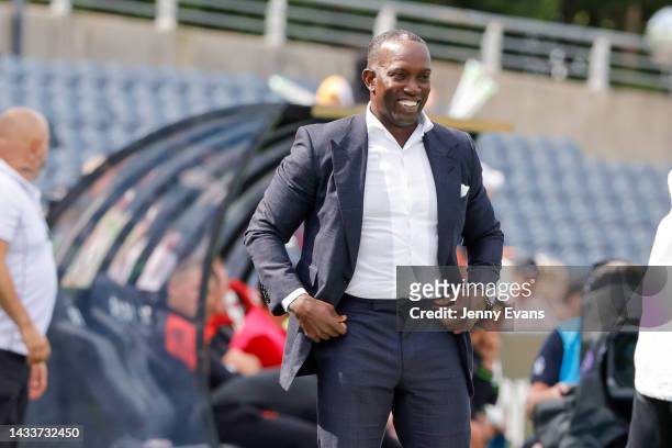 Macarthur Coach Dwight Yorke smiles after the goal of Daniel Arzani of Macarthur FC during the round two A-League Men's match between Macarthur FC...