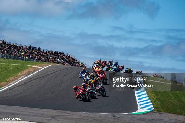 Francesco Bagnaia of Italy and Ducati Lenovo Team leads the race during the race of the MotoGP of Australia at Phillip Island Grand Prix Circuit on...