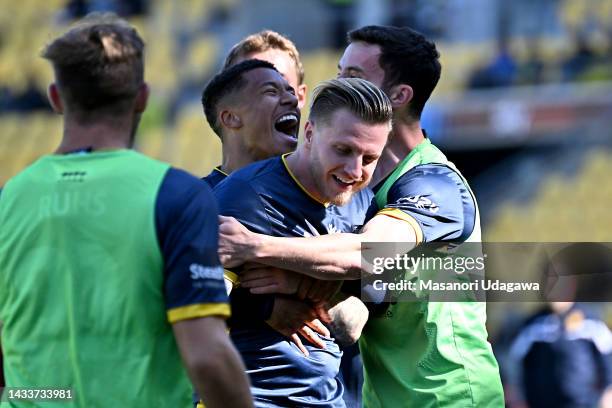 Jason Cummings of the Mariners celebrates after scoring a goal during the round two A-League Men's match between Wellington Phoenix and Central Coast...