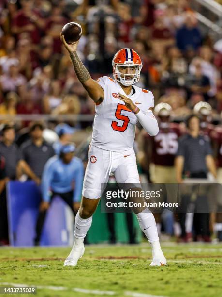 Quarterback DJ Uiagalelei of the Clemson Tigers on a pass play during the game against the Florida State Seminoles at Doak Campbell Stadium on Bobby...