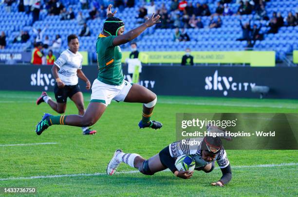 Raijieli Daveua of Fiji scores a try which was disallowed after been reviewed during the Pool C Rugby World Cup 2021 match between Fiji and South...