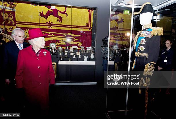 Queen Elizabeth II visits he National Maritime Museum to open their River Pagent exhibition on April 25, 2012 in London, England.