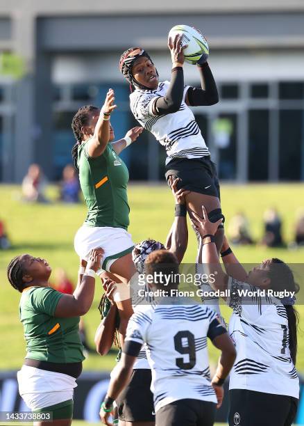 Raijieli Daveua of Fiji competes in the line out during the Pool C Rugby World Cup 2021 match between Fiji and South Africa at Waitakere Stadium on...