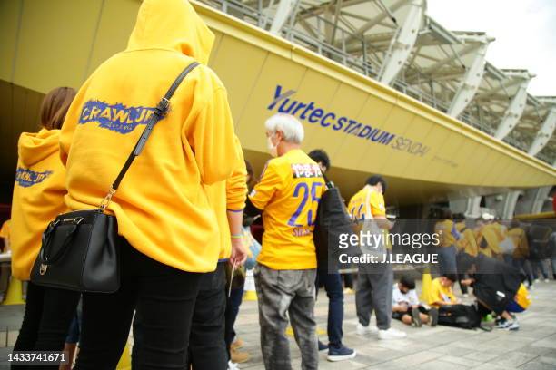 Fans wait for the gate opening outside the stadium prior to the J.LEAGUE Meiji Yasuda J2 41st Sec. Match between Vegalta Sendai and Roasso Kumamoto...