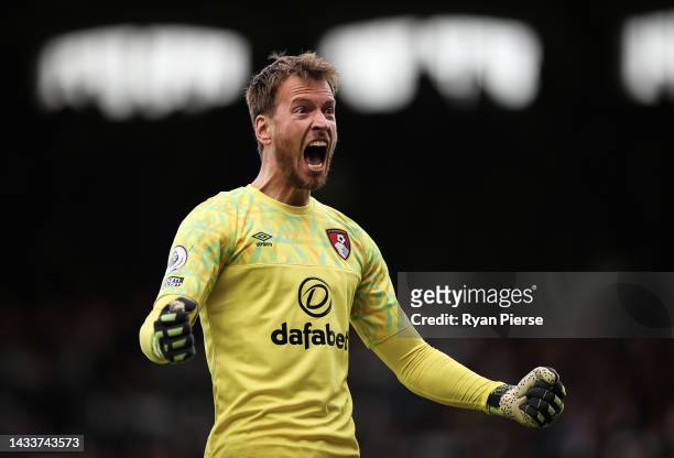 Neto celebrates after Jefferson Lerma of AFC Bournemouth scored their sides second goal during the Premier League match between Fulham FC and AFC...