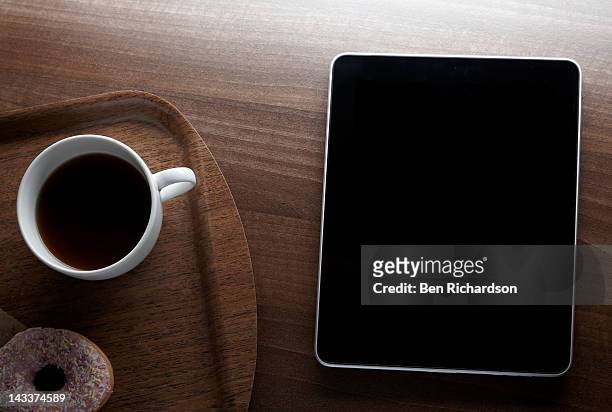 computer tablet with tray of coffee - serving tray ストックフォトと画像
